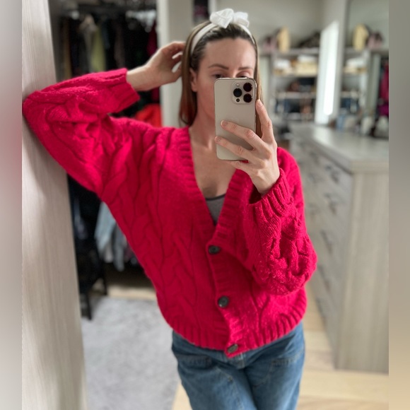 Dark pink button up cardigan sweater - Picture 4 of 8